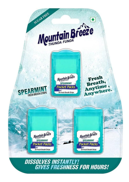 Mountain Breeze Oral Hygiene Mouth Freshener Sugar Free Spear Mint Flavoured Breath Strips (24 Strips each Cassatte)-Pack of 1(3 Cassette) NEW...