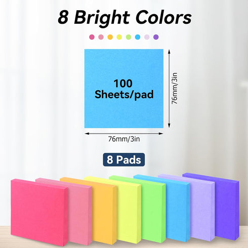 Sticky Notes 3x3, Bright Colors Self-Stick Pads, Easy to Post for Home, Office, School, 8 Pads(100 Sheets/pad)...
