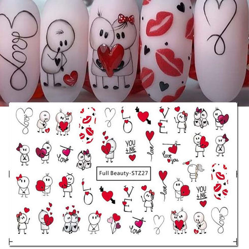 Valentine's Day Nail Stickers DIY Water Transfer Nail Stickers Heart Love Cute Bear Self Adhesive Water Transfer Nail Decals Sexy Lips Love Letter...