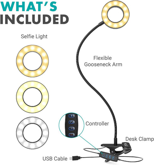 Movo VGC-1 Flexible Selfie Ring Light, 3 Lighting Modes, 10 Brightness Settings, Adjustable Neck, USB Connection - Perfect for Live-Streaming, Mak...