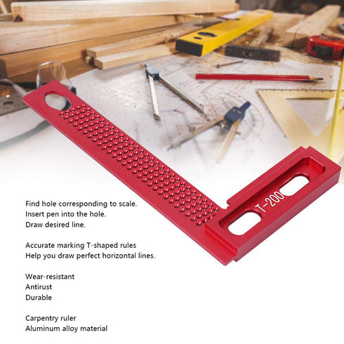 T-200 Woodworking Ruler L Square Ruler Aluminum Alloy Hole Ruler Measuring Tool Wear-Resistant Rust-Proof Portable Crossed-Out Tool Carpenter Scri...