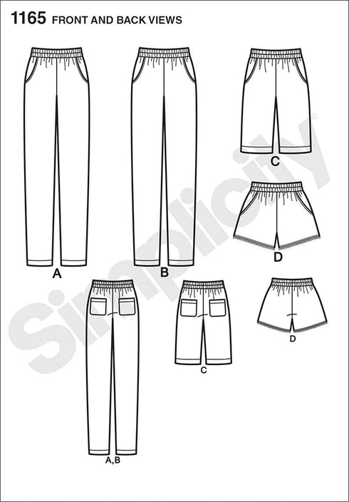 Simplicity Easy-to-Sew Pattern 1165 Misses Slim Pull-on Pants, Long, or Short Shorts Sizes 6-8-10-12-14...
