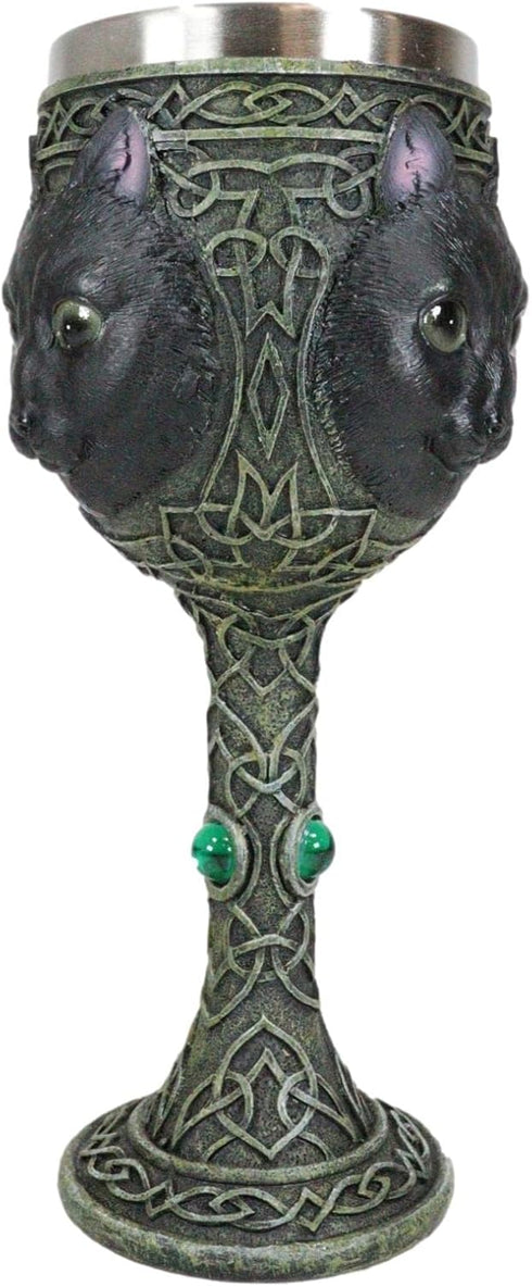 Ebros Wicca Mystical Witching Hour Black Cat Wine Goblet 7oz Feline Cats Celtic Wine Knotwork Beverage Chalice Goblet Cup With Green Gems...