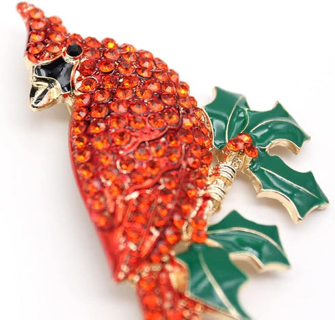Large Gold Tone Northern Cardinal Brooch With Red Color Crystal Rhinestone Bird Brooches Pins Christmas Bird Brooch...