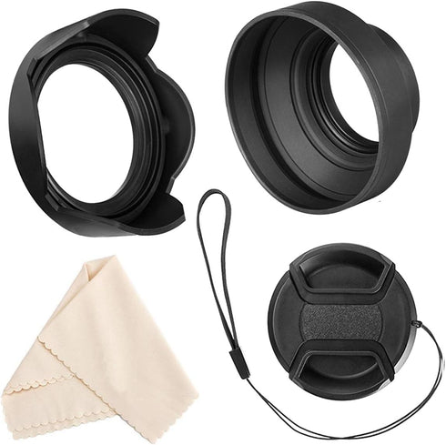 Veatree 72mm Lens Hood Set, Collapsible Rubber Lens Hood with Filter Thread + Reversible Tulip Flower Lens Hood + Center Pinch Lens Cap + Microfib...