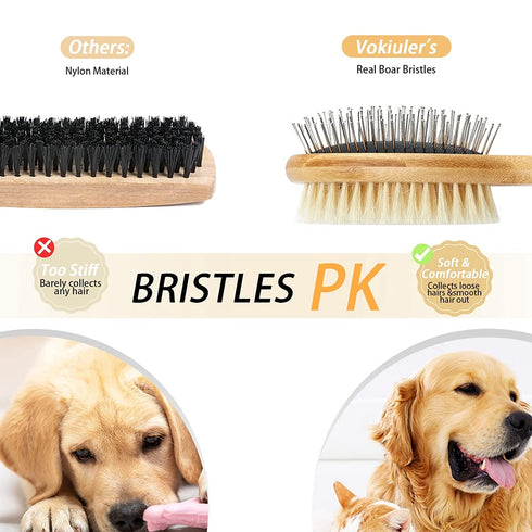 Dog Brush Cat Brush, Vokiuler Double Sided Bristle and Pin Pet Brush for Dog Grooming, Real Boar Bristle Shedding Brush with Bamboo Handle for Lon...