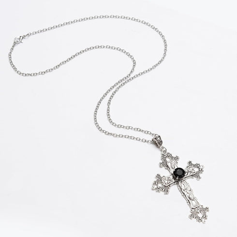 Gothic Cross Necklace Silver-Tone Pendant with Black or Red Glass Stone, on 25” Steel Chain, Cross Necklace for Women, Large Goth Silver Cross Nec...