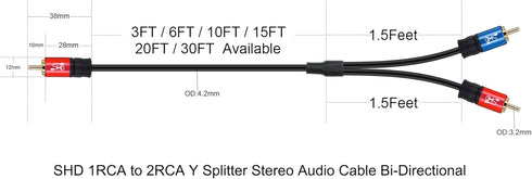 SHD RCA to 2RCA Subwoofer Cable Audio Cable 2RCA to 1RCA Bi-Directional RCA Y Adapter Premium Sound Quality Dual Shielded with Gold Plated Connect...