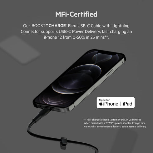 Belkin BoostCharge Flex Silicone USB-C to Lightning Cable (1M/3.3FT), MFi-Certified Charging Cable for iPhone Series with Cable Clip - Black......
