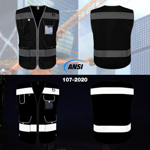 TCCFCCT Black Safety Vest for Men Women 9 Pockets High Visibility Reflective Vest for Safety, Work Vest with Reflective Strips, Meets ANSI/ISEA St...