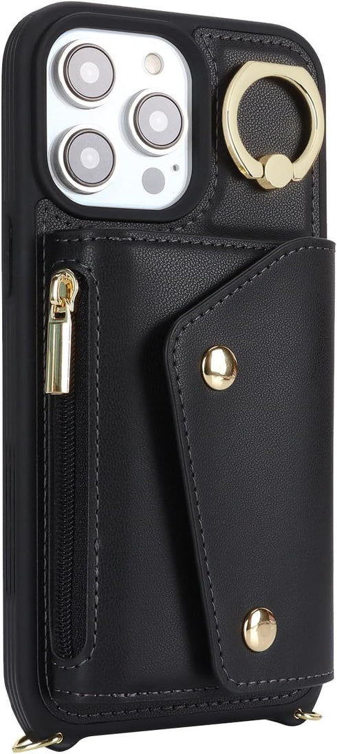 for iPhone 12 Pro Max Case with Card Holder and Strap - Zipper Pocket,Crossbody Lanyard Strap,Credit Card Holder,Stand Ring,Cute Phone Wallet Case...