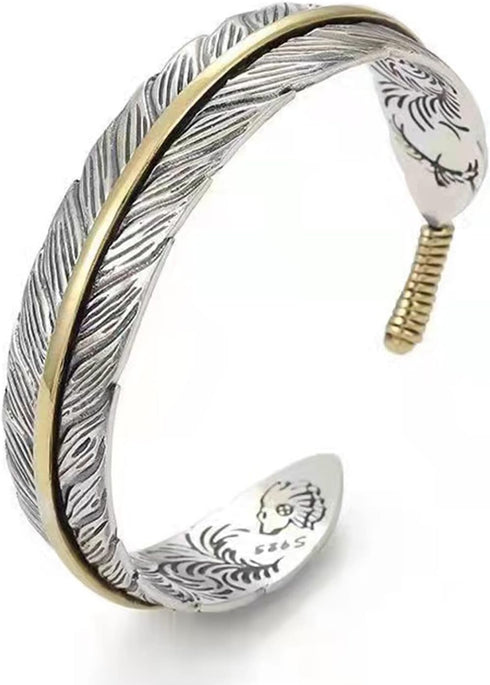 Innocence S999 Antique Silver Plated Wide Feather Cuff Bracelet For Men Women Adjustable Retro Twisted Feather Bracelets Gift Jewelry...