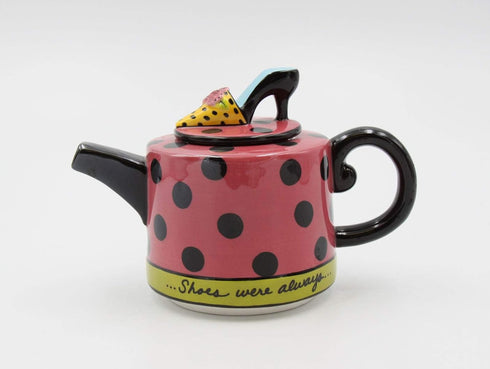 6 1/2 Inch Pink and Black Polka Dot Teapot with High Heel Top Lid...