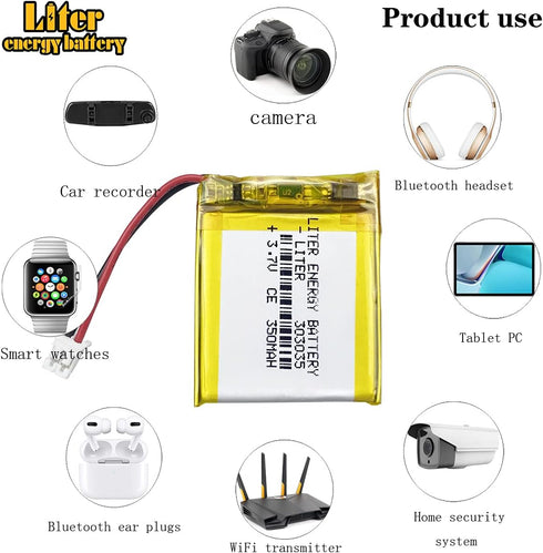 Liter 3.7V 350mAh 303035 Lipo Battery Rechargeable Lithium Polymer ion Battery Pack with JST 2.0mm Connector...