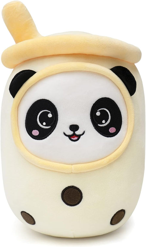 NiuniuDaddy Boba Plushies with Panda Face-13.7inches Large Yellow Cream Bubble Tea with Straw Stuffed Animals-Soft Kawaii Milk Tea Cup Plush Toy P...