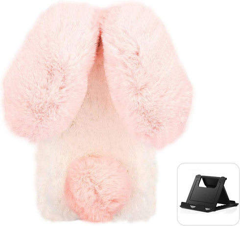 Plush Rabbit Case Compatible with Google Pixel 6,Fluffy Fuzzy Cute 3D Bunny Ears Soft Warm Case Faux Fur Shockproof TPU Back Cover with Bling Diam...