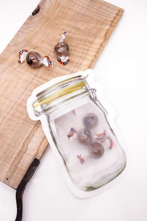 50Pcs Mason Jar Pattern Food Storage Bag Reusable Portable Stand Up Smell Proof Ziplock Bags Snack Saver Container Retail Package Bag Frosted Pouc...