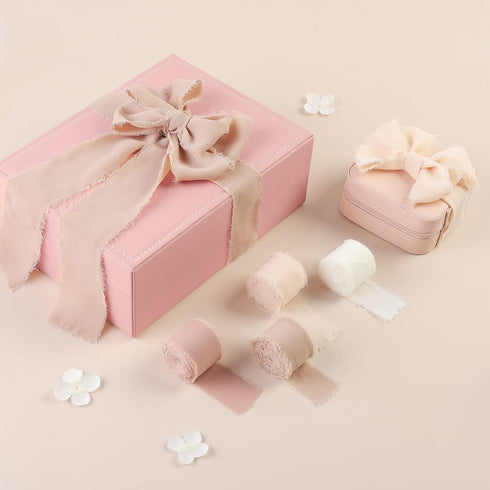 Handmade Fringe Chiffon Silk Ribbon 4 Rolls/1" x 5Yd Per Roll,Nude & Cream Frayed Edges Ribbons Set (1"x20Yd, Nude&Cream)...