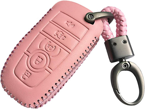 Pink Leather 5 Buttons Key Fob Case Case Remote Skin Holder Protector Jacket for 2017 2018 2019 2020 2021 2022 2023 2024 Ford Bronco Mustang Fusio...
