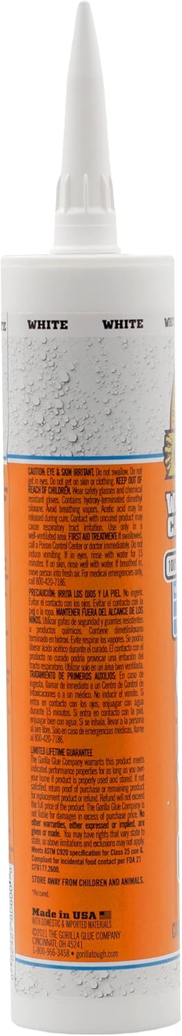 Gorilla Waterproof Caulk & Seal 100% Silicone Sealant Caulk, All Purpose, White, 10oz Cartridge (Pack of 2)...