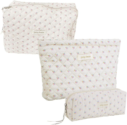 3PC Cotton Makeup Bag Floral Makeup Bag Aesthetic Makeup Bag Cosmetic Bags for Women Makeup Organizer Bag Storage Bag Set...