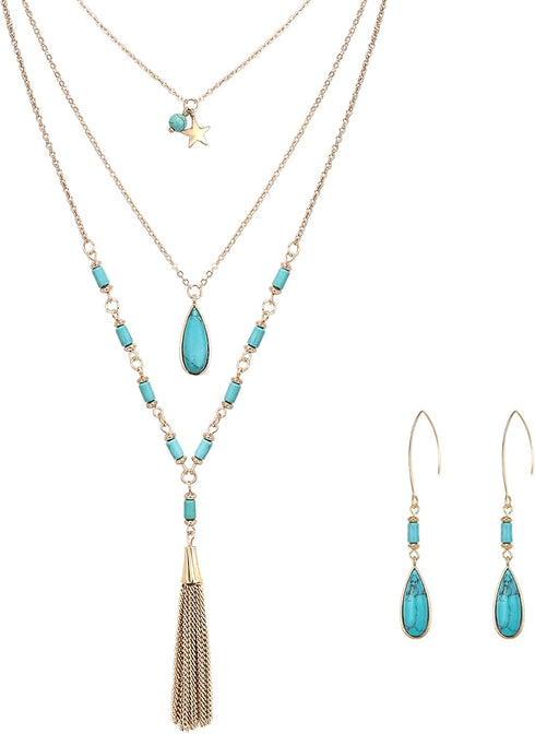 Bohemian Jewelry for Women, Turquoise Necklace for women, Layered Necklaces Dangle Earrings Turquoise Jewelry Set...