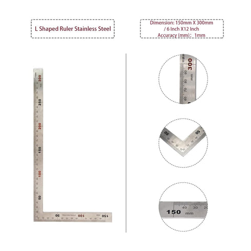 L Shaped Ruler 6" x 12" Metal 90 Degree Square Ruler Right Angle Ruler for Carpenter Engineer - 300 x 150mm...