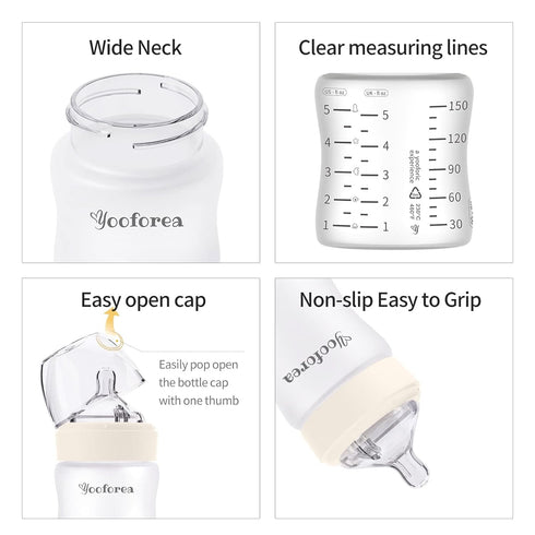 Yooforea Silicone Coated Glass Baby Bottle, 6M+ Fast Flow Nipple I Anti-Colic, Wide Neck, Stable Base I Medical-Grade Silicone Coating for Shatter...