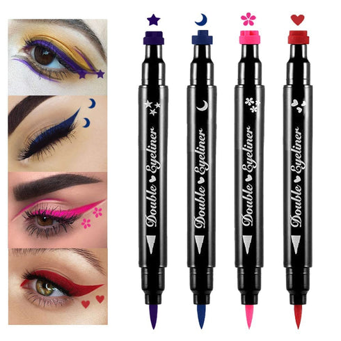 Eyelid Color Set, 4pcs Liquid Eye Liner with Stars, Flowers, Hearts & Moon Face Stamps, Purple, Blue, Red, Pink - Waterproof, Long Lasting, Matte ...