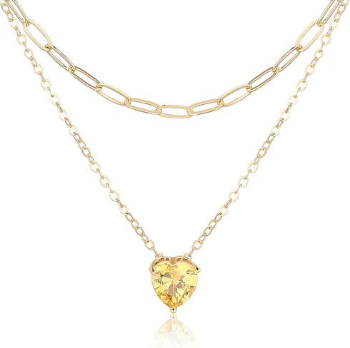 UILZ 14K Gold Plated Layered Birthstone Necklace Dainty Heart Birthstone Necklace Paperclip Chain Choker Necklace with Heart Pendant Birthstone Je...