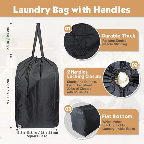 Washable Travel Laundry Bag with Handles and Drawstring (2 Pack), Heavy Duty Large Enough to Hold 3 Loads of Laundry, Fit a Laundry Basket or Clot...