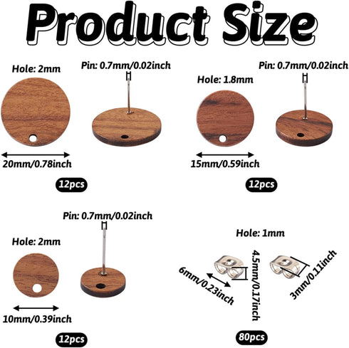 Pandahall 18 Pairs Flat Round Walnut Wood Earring Studs 3 Sizes Wooden DIY Making Kits with Stainless Steel Ear Nuts for Handmade Earrings...