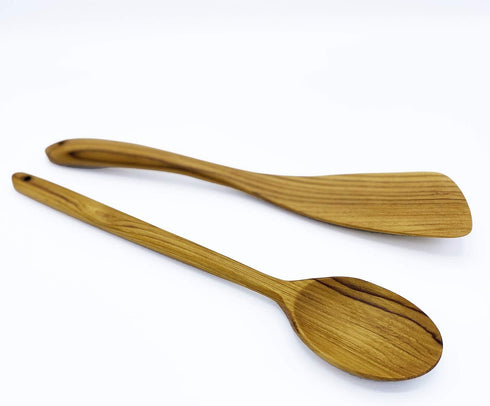 FAAY 12.5 Inch Wood Utensil Set (2 PCS), Teak Wooden Right Hand Spatula & Flat Spoon, 100% Natural from High Moist Resistance Teak Wood, Healthy W...