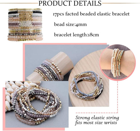 17Pcs Boho Beaded Bracelets for Women Colorful Stackable Sparkly Crystal Beads Bracelets Multi-Layer Versatile Statement Bracelets Stretch Cuff Je...