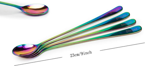 Long-handled ice tea spoon, cocktail stir spoons, stainless steel coffee spoons, Colored ice cream scoop (9 IN iridescence, Round)...