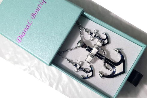 Silvertone Nautical Anchor Pendant Necklace and Earring Set 24" Chain...