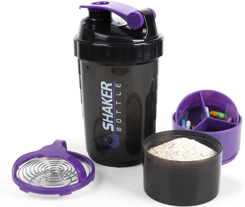 Shaker Bottle - Protein Shaker Cup with Storage Compartments - Leak-proof Workout Shake Bottles with Mixer for Smooth Mixing-500ML/16oz (PURPLE & ...