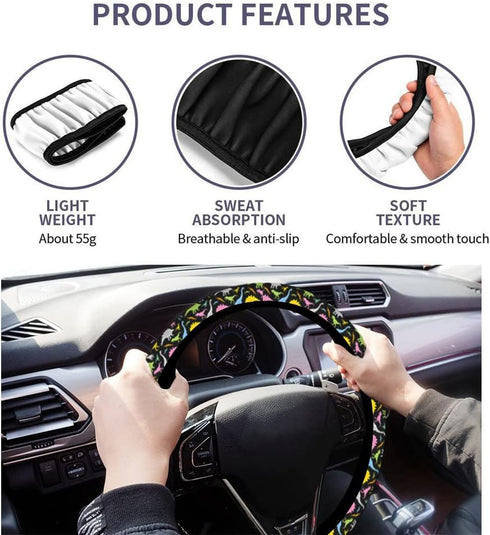 Swono Car Steering Wheel Covers Dinosaurs Cartoon Colorful Cartoon Funny Beast Dinosaur Black Universal for Women Girls Soft Neoprene Anti-Slip Ca...