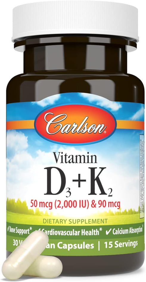 Carlson - Vitamin D3 + K2, 50 mcg (2000 IU) Vitamin D3 & 90 mcg Vitamin K2 as MK7, Bone Support, Calcium Absorption, 30 Capsules...