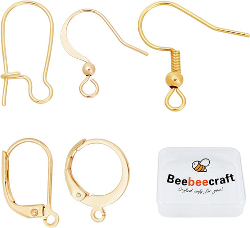 Beebeecraft 1 Box 50Pcs 5 Style Earring Hooks with Loop Hole 18K Gold Plated Earring Making Kit Leverback Huggies Earwire for Jewelry Earring Maki...