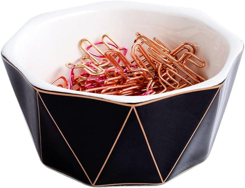 Paper Clip Holder With Gold Line Geometric Ceramic Paper Clip Dispenser for Desk Cute Paper Clip Organizer Office Binder Clip Holder (Black-1)...