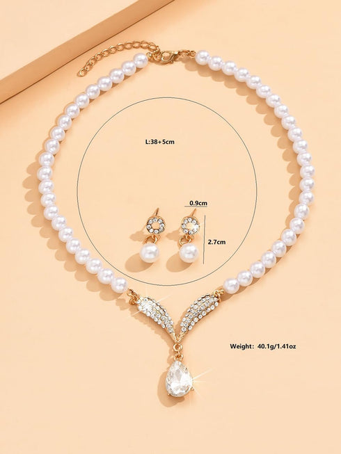 Pearl Bride Wedding Jewelry Set Pearl Bridal Necklace Bracelet Earrings Sets Rhinestone Choker Necklace Prom Costume Jewelry Set for Brides Brides...