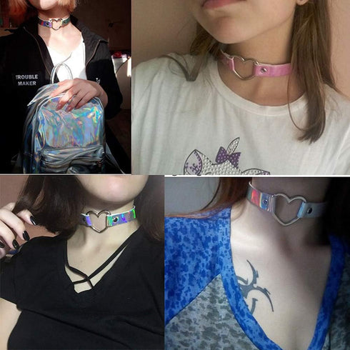 3PCS Heart Choker Necklace PU Leather Goth Choker Collar with Heart Punk Fluorescence Collar Adjustable Size – Blue White Pink...
