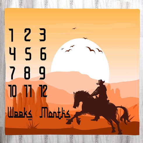 1 to 12 Monthly Baby Milestone Blanket, Western Background Cowboy Baby Growth Chart Blanket, 48x40 Inch Baby Shower Age Blanket with Accessories B...
