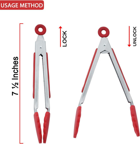 Small Tongs with Silicone Tips 7-Inch Mini Serving Tongs, Set of 3 (Red Blue Green)...