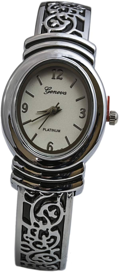 Geneva Womens Oxidized Scroll Design Hinged Fashion Cuff Watch White Dial W9132...