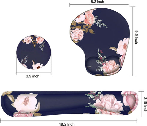 MOSISO Wrist Rest Support for Mouse Pad&Keyboard Set, Curved Peony Ergonomic Mousepad&Coaster Non-Slip Base Home/Office Pain Relief&Easy Typing Cu...