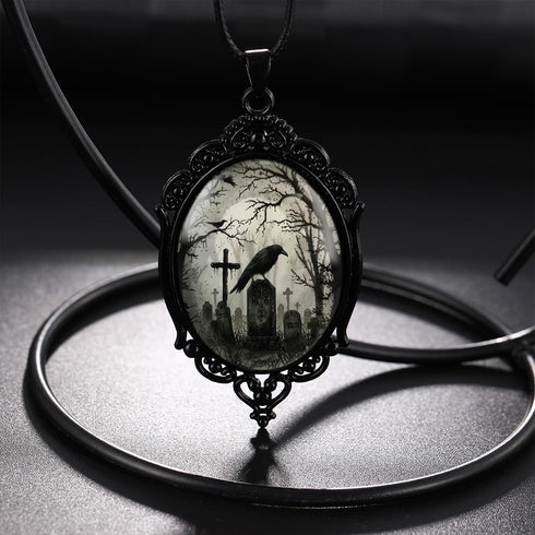 Raven Cross Glass Pendant, Vintage Gothic Cameo Necklace, Mystic Witch Jewelry Gift...