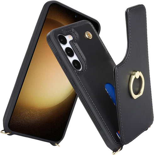 for Samsung Galaxy S23 Case with Card Holder and Strap for Women,Crossbody Lanyard,Ring Stand,Snap Clasp,Phone Wallet Cases 6.1 inch(Black)......