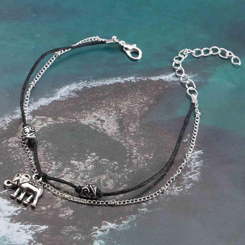 Vintage Layered Elephant Ankle Bracelet Silver Elephant Dangle Anklets Black Rope Chain Ankle Bracelet Black Wax Rope Ankle Bracelet Summer Foot C...